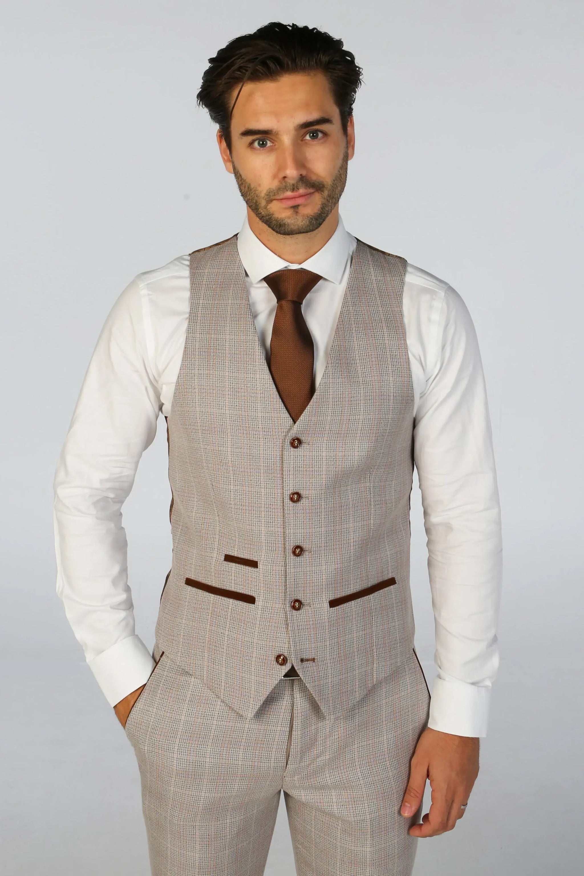 Leo - Men's Beige 3 Piece Checked Tailored Fit Suit