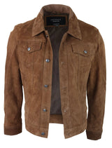 Mens Genuine Suede Jacket Leather Jeans Denim Short Mens Biker Classic Vintage Tan