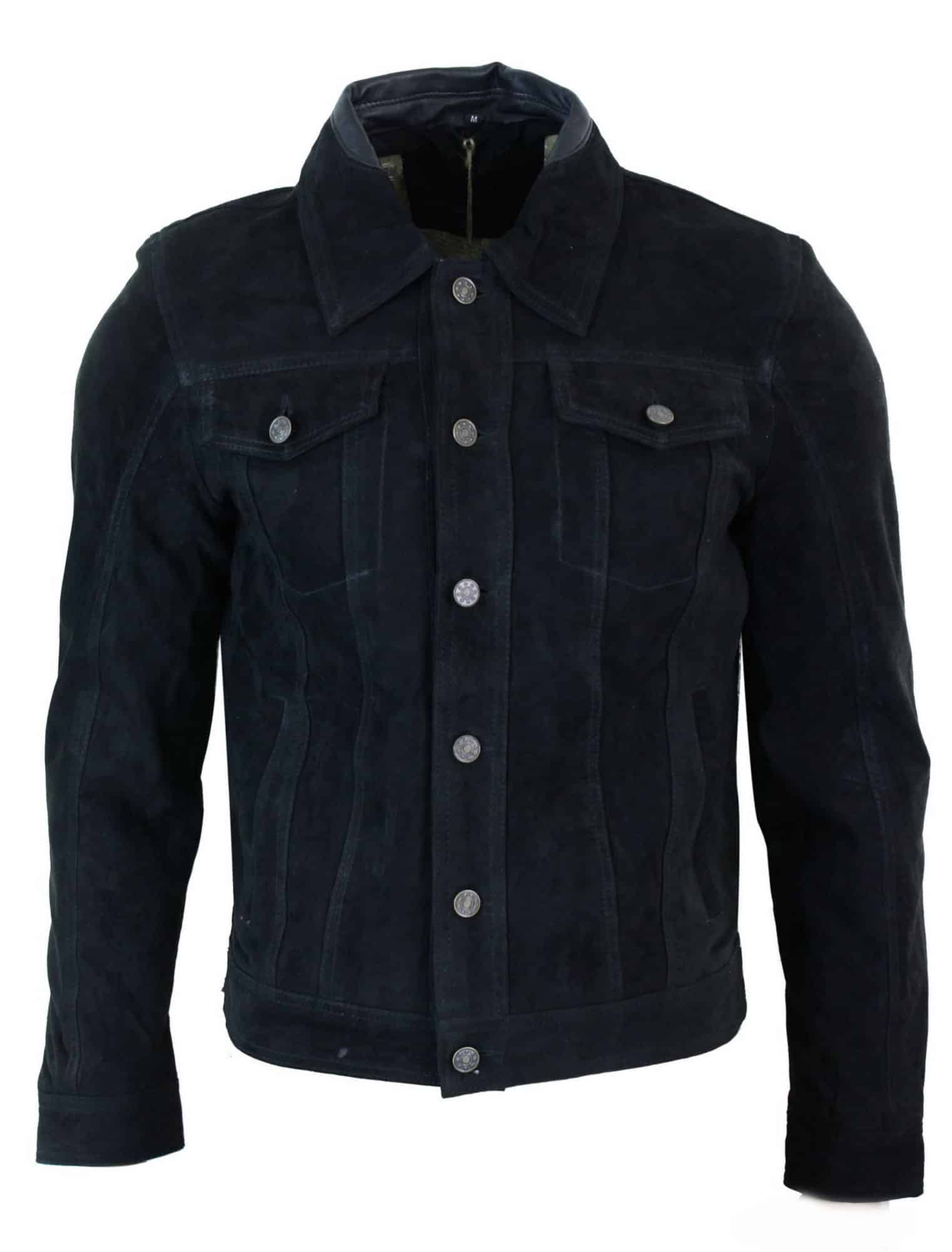 Real Suede Leather Mens Vintage Short Denim Style Retro Jean Jacket Casual - Black Color