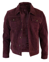 Real Suede Leather Mens Vintage Short Denim Style Retro Jean Jacket Casual - Burgundy Color