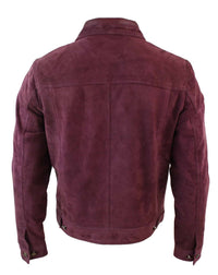 Real Suede Leather Mens Vintage Short Denim Style Retro Jean Jacket Casual - Burgundy Color