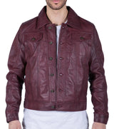 Mens Real Leather Shirt Jacket Burgundy Wine Retro Jeans Style Brando Classic