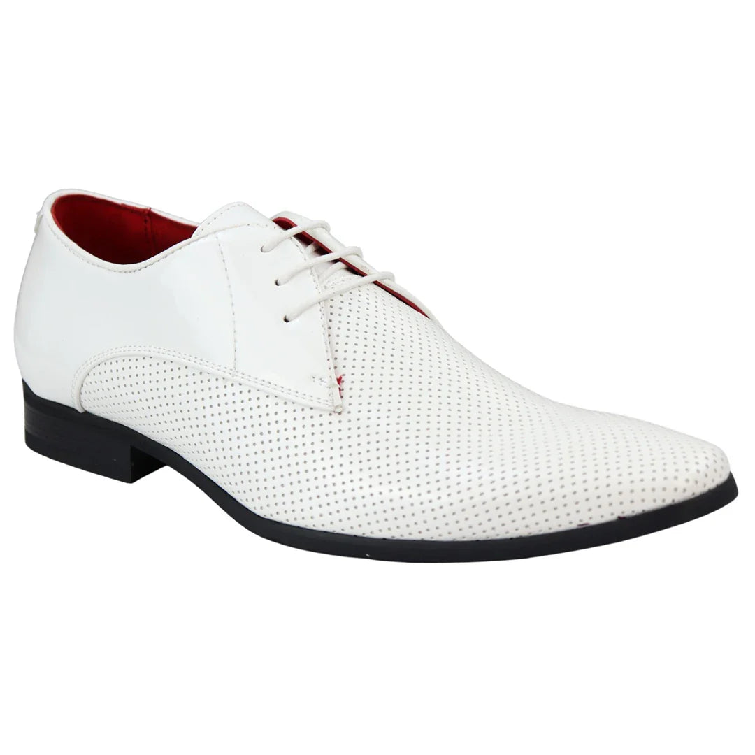 Mens Shoes Smart Formal Perforated Pointed Laced White Patent Leather PU
