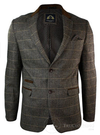 Mens Check Vintage Herringbone Tweed Grey Charcoal Blazer Jacket Fitted-Tan