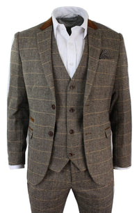 Mens Check Vintage Herringbone Tweed Tan 3 Piece Suit Slim Fit Wedding