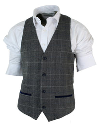 Mens Slim Fit Check Grey Tan Brown Waistcoat Smart Casual Tweed Check Navy-Grey Navy