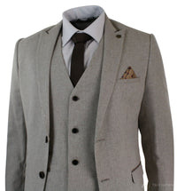 Mens Herringbone Tweed 3 Piece Suit Velvet Trim Classic Vintage Slim Fit Beige