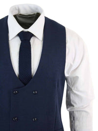Mens Double Breasted Felt Tweed Vintage Retro Classic Waistcoat Slim Fit Herringbone-Melton DBC Blue