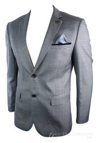 Mens Tweed Vintage Retro Grey Checked Blazer Elbow Patch Black Trim Tailored