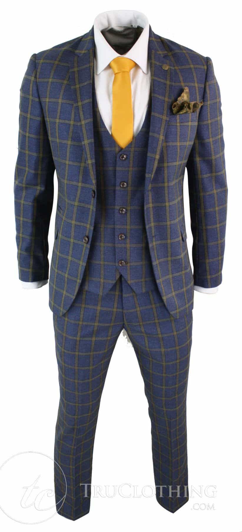 Marc Darcy SBC Roman - Mens 3 Piece Blue Gold Slim Fit Prince Of Wales Check Suit Marc Darcy Wedding Prom