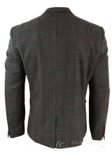 Mens Grey Check Herringbone Tweed Vintage Fit Blazer Jacket Blue Velvet Trim-Tan