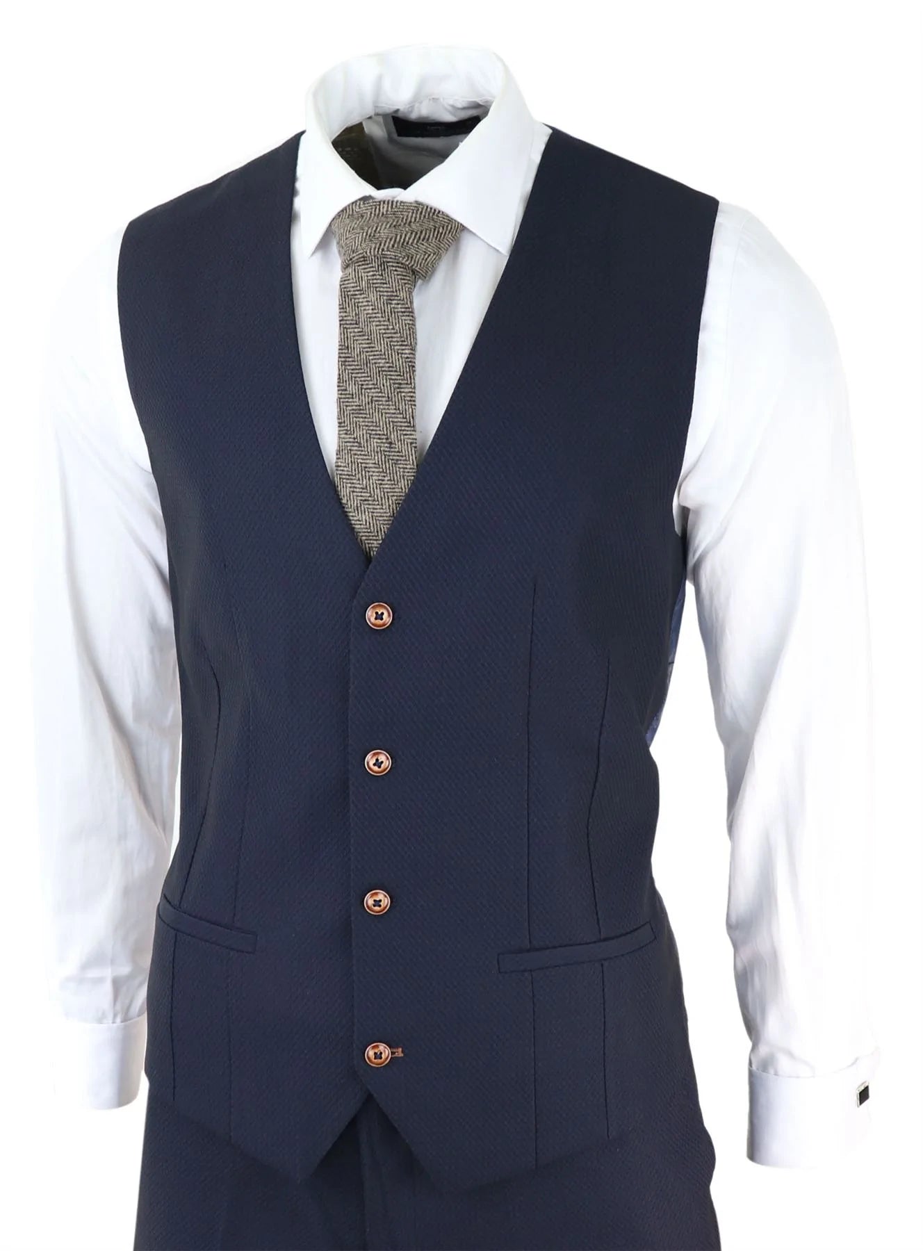 Mens 3 Piece Birdseye Navy Blue Suit Slim Fit Marc Darcy Max Classic 1920s Vintage