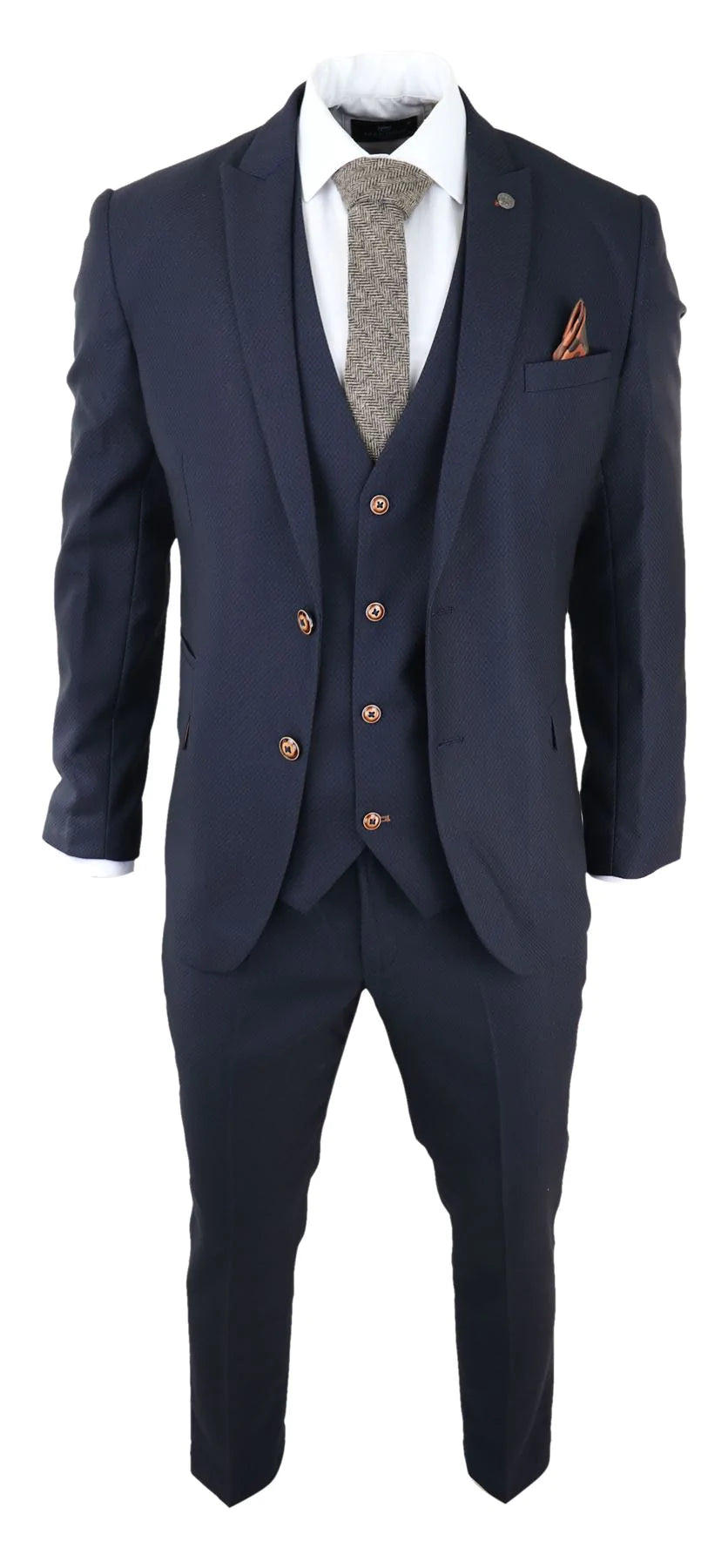 Mens 3 Piece Birdseye Navy Blue Suit Slim Fit Marc Darcy Max Classic 1920s Vintage