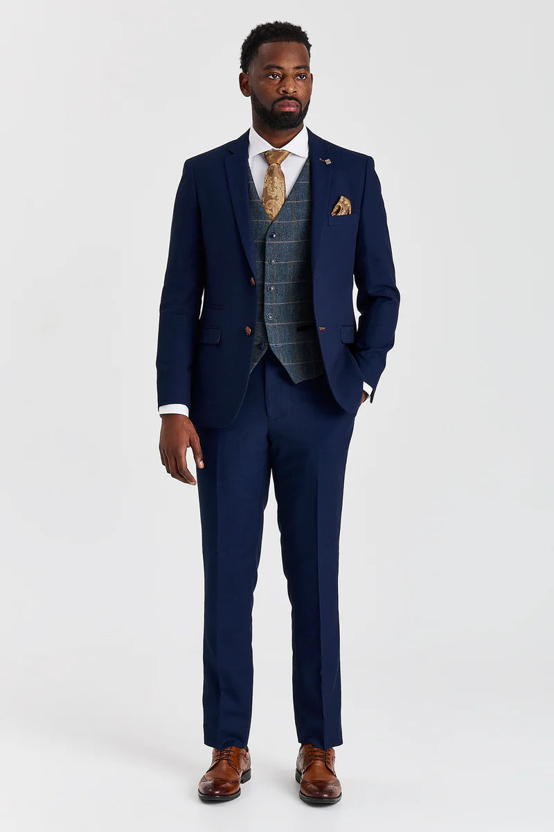 Mayfair Anzug in Marineblau mit Strukturmuster und Harris Tweedweste in Marineblau mit Kontrastmuster