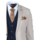 Mayfair - Men's 3 Piece Cream Suit With Navy Waistcoat
