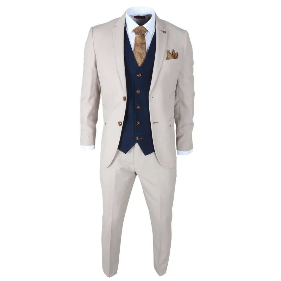 Mayfair - Men's 3 Piece Cream Suit With Navy Waistcoat