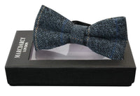 Mens Tweed Blue Herringbone Textured Marc Darcy Bow Ties Vintage Retro