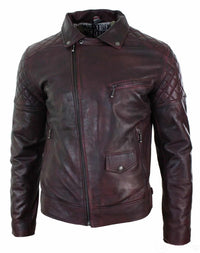 Real Leather Vintage Washed Brown Black Burgundy Blue Timber Mens Biker Jacket Cross Zip Retro Casual-Pepsi Burgundy