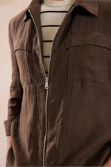 Herren-Leinenjacke mit Reißverschluss in Braun und beigefarbene Hose – ein elegantes, lässiges Sommeroutfit