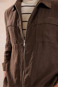 Herren-Leinenjacke mit Reißverschluss in Braun und beigefarbene Hose – ein elegantes, lässiges Sommeroutfit