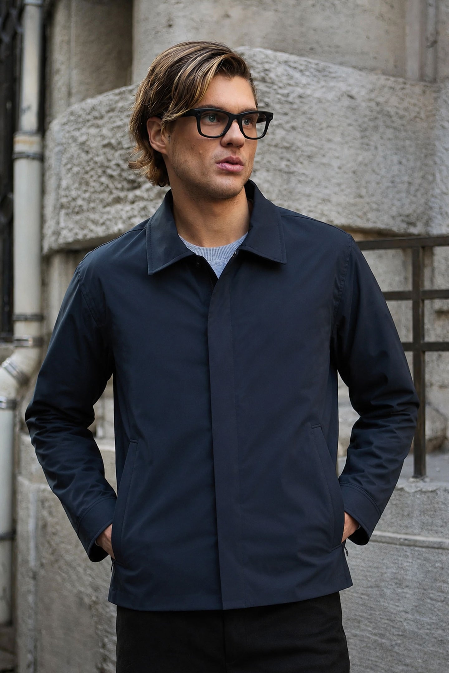 Marineblaue, wasserdichte Harrington-Jacke für Herren mit Kragen