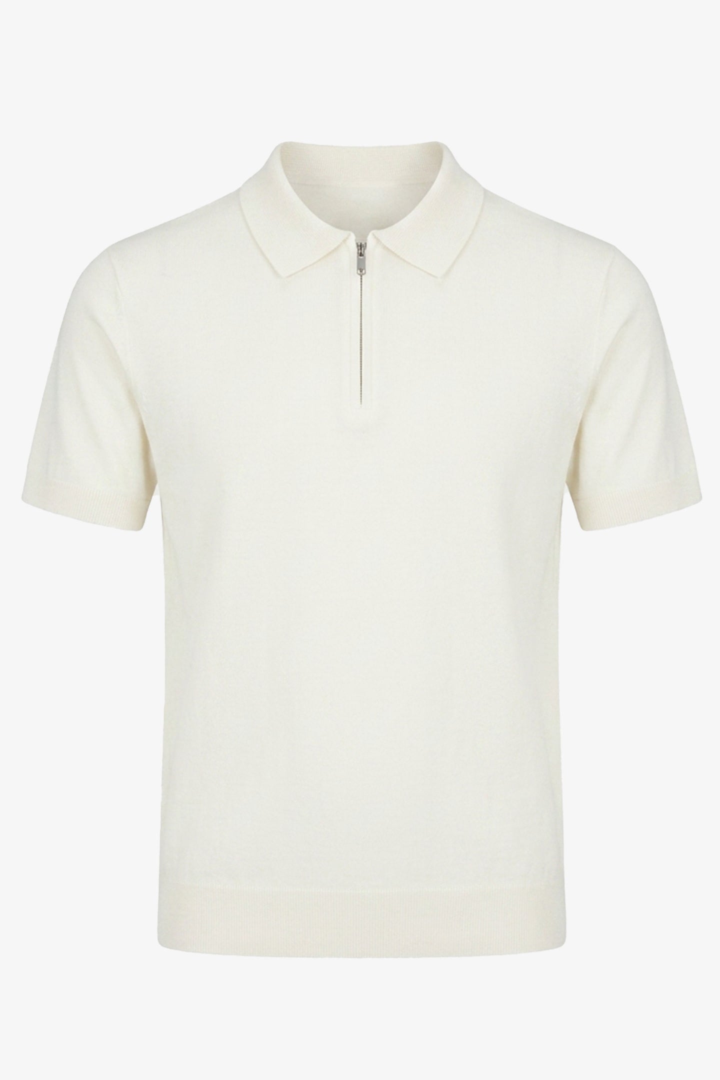 Herren-Poloshirt in Off-White, Strick, Kurzarm, mit Reißverschluss am Kragen, weichem Materialmix