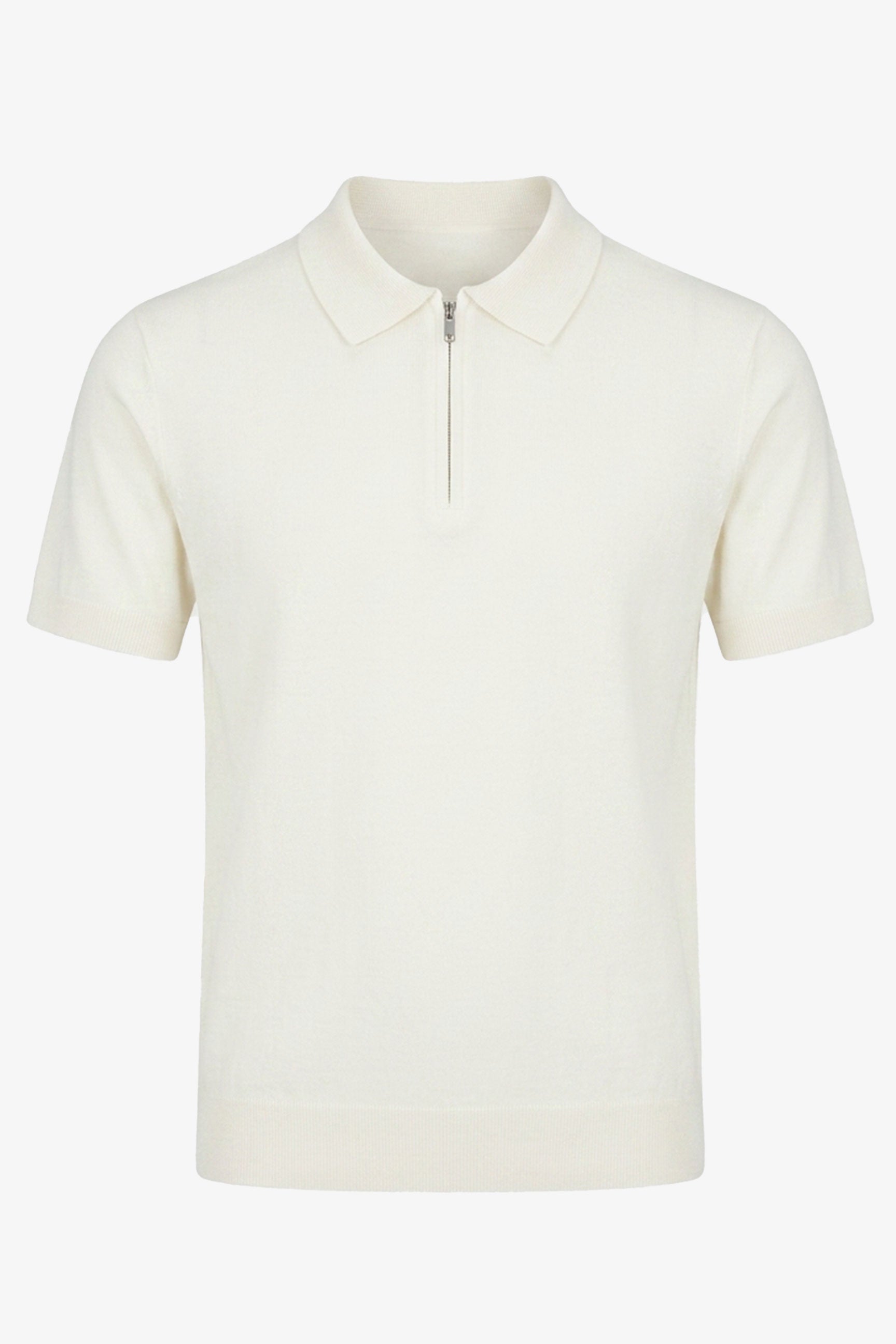 Herren-Poloshirt in Off-White, Strick, Kurzarm, mit Reißverschluss am Kragen, weichem Materialmix