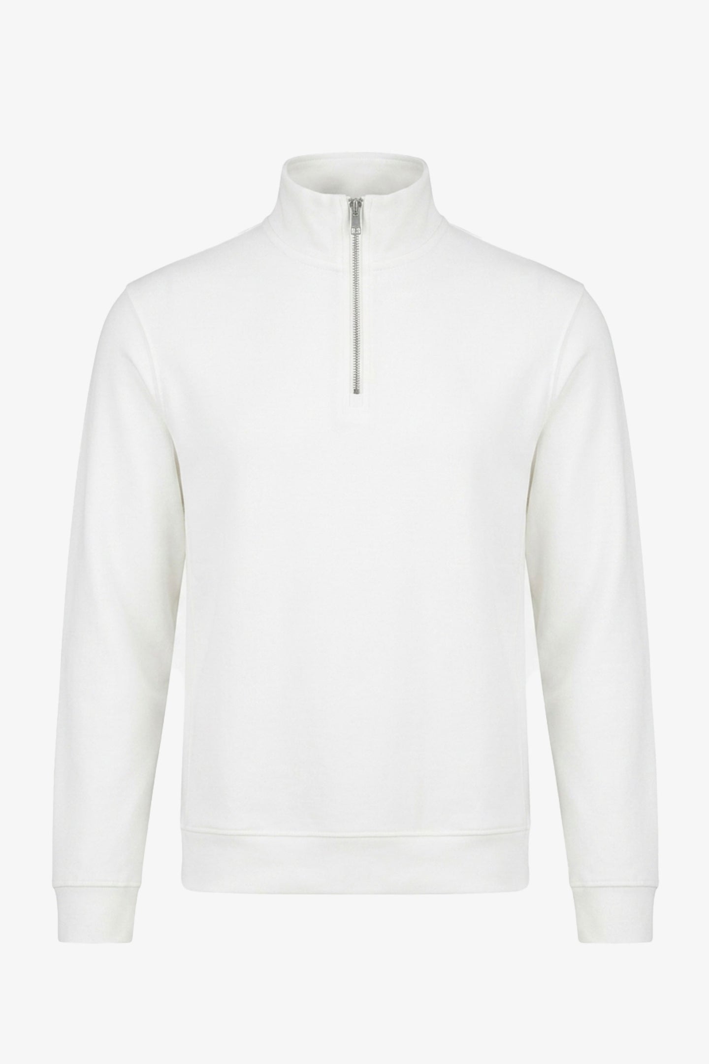 Herren-Sweatshirt mit Viertelreißverschluss in Off-White, Baumwollmischung, Stehkragen