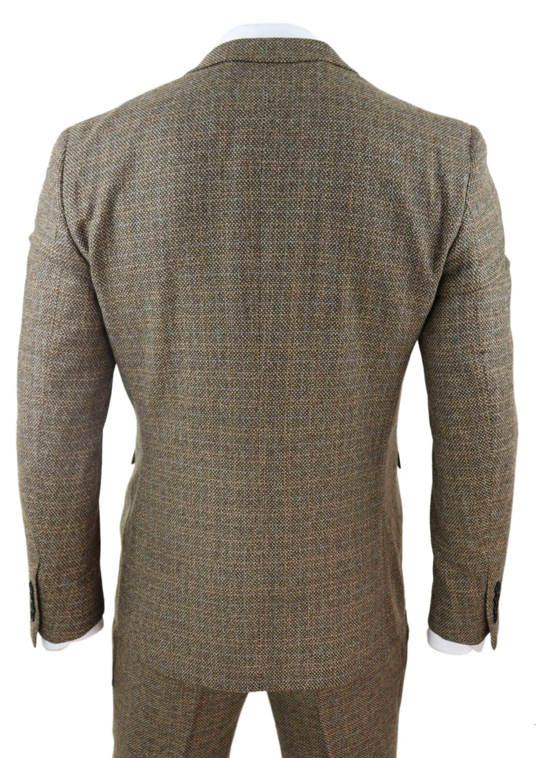 Mens 3 Piece Tweed Check Suit - Brown