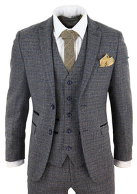 Mens 3 Piece Tweed Check Suit - Navy Blue