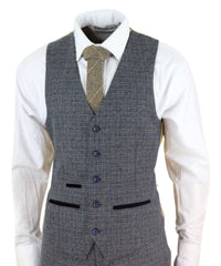 Mens 3 Piece Tweed Check Suit - Navy Blue