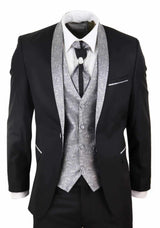 Mens 4 Piece Shawl Lapel Suit - Black/Silver