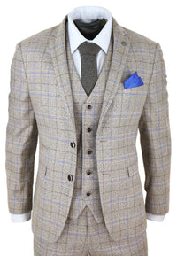 Mens Beige 3 Piece Tweed Check Suit