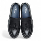Schwarze Herren-Slipper aus Leder mit dicker Sohle und Quasten