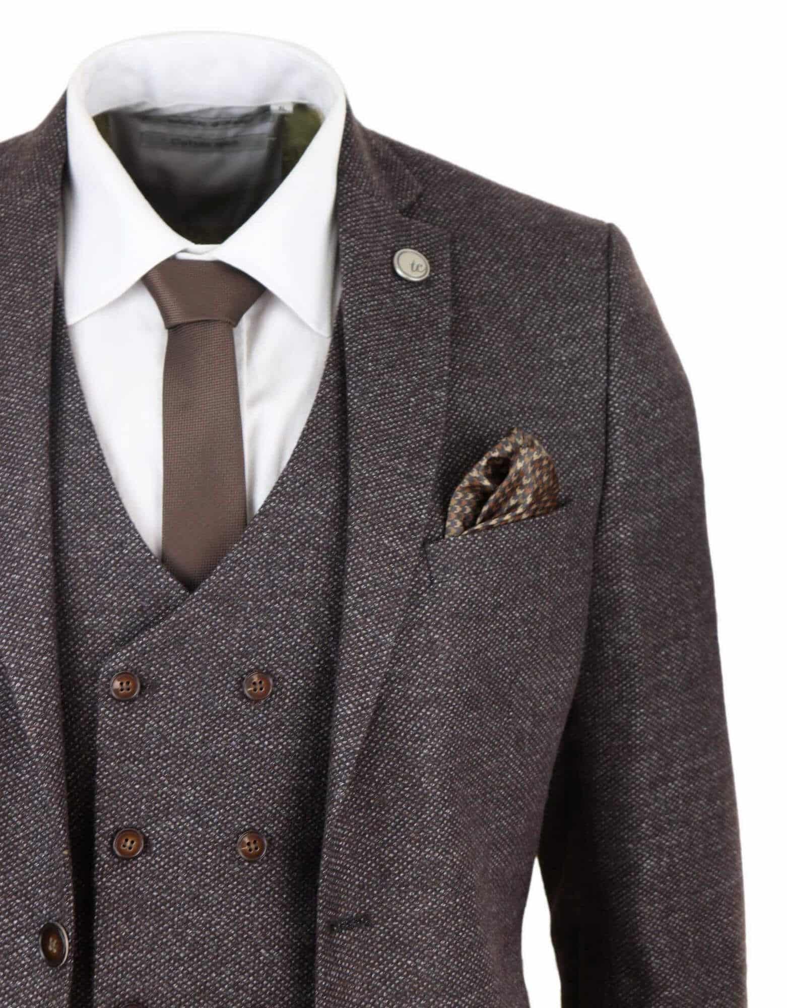 Mens Brown 3 Piece Suit with Double Breasted Waistcoat