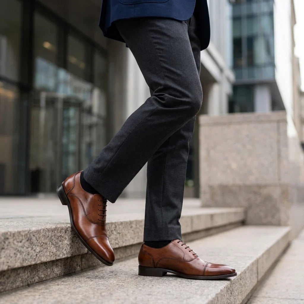 Braune, schlichte Derby-Schuhe aus Leder für Herren mit Kappe