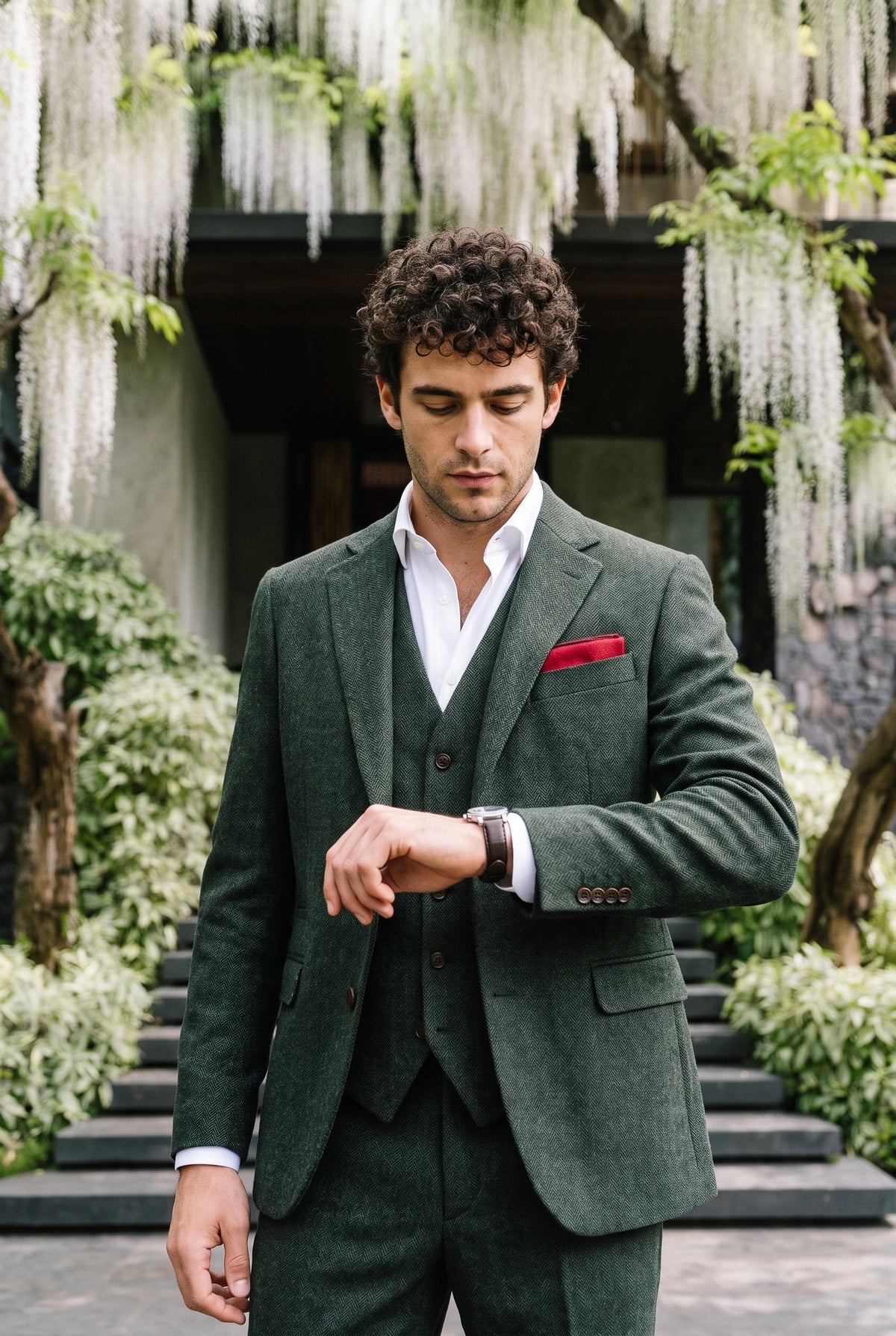 Einstecktuch für Herren aus burgunderrotem Tweed-Wollmischgewebe