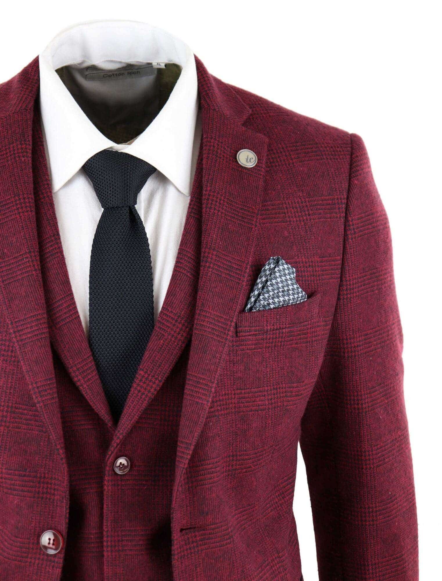 Mens Burgundy Wine Tweed 3 Piece Suit - STZ17