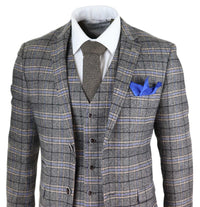 Mens Grey 3 Piece Tweed Check Suit