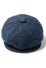 Herren-Kappe aus blauem Tweed mit Fischgrätenmuster und 8 Paneelen