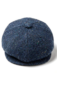 Herren-Kappe aus blauem Tweed mit Fischgrätenmuster und 8 Paneelen