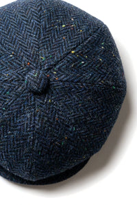 Herren-Kappe aus blauem Tweed mit Fischgrätenmuster und 8 Paneelen