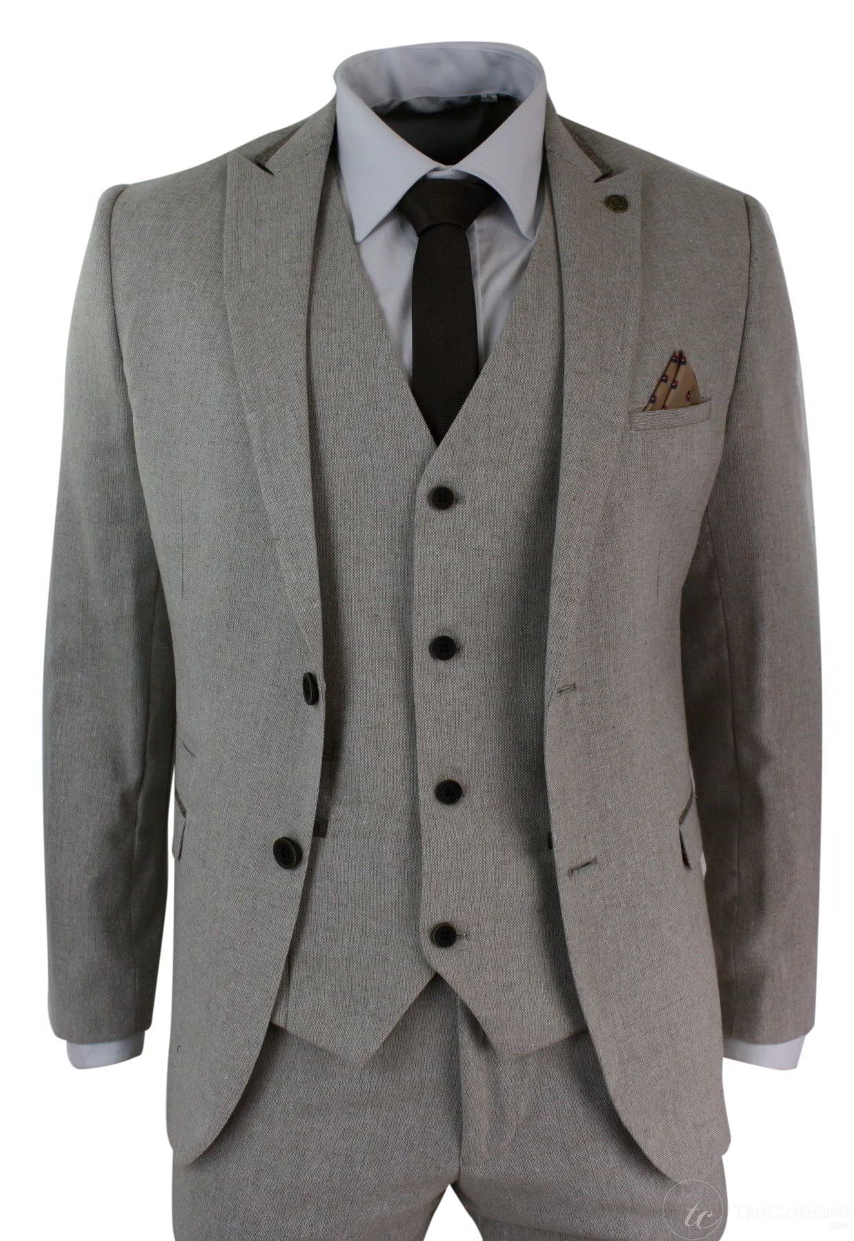Mens Herringbone Tweed 3 Piece Suit Velvet Trim Classic Vintage Slim Fit Beige