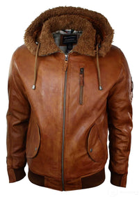 Mens Real Leather Hood Fur Jacket Bomber Aviator Vintage Brown Retro-Tan