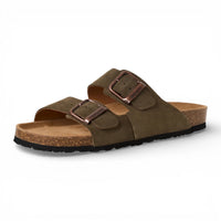 Herren-Sandalen aus olivgrünem Leder zum Hineinschlüpfen mit Fußbett
