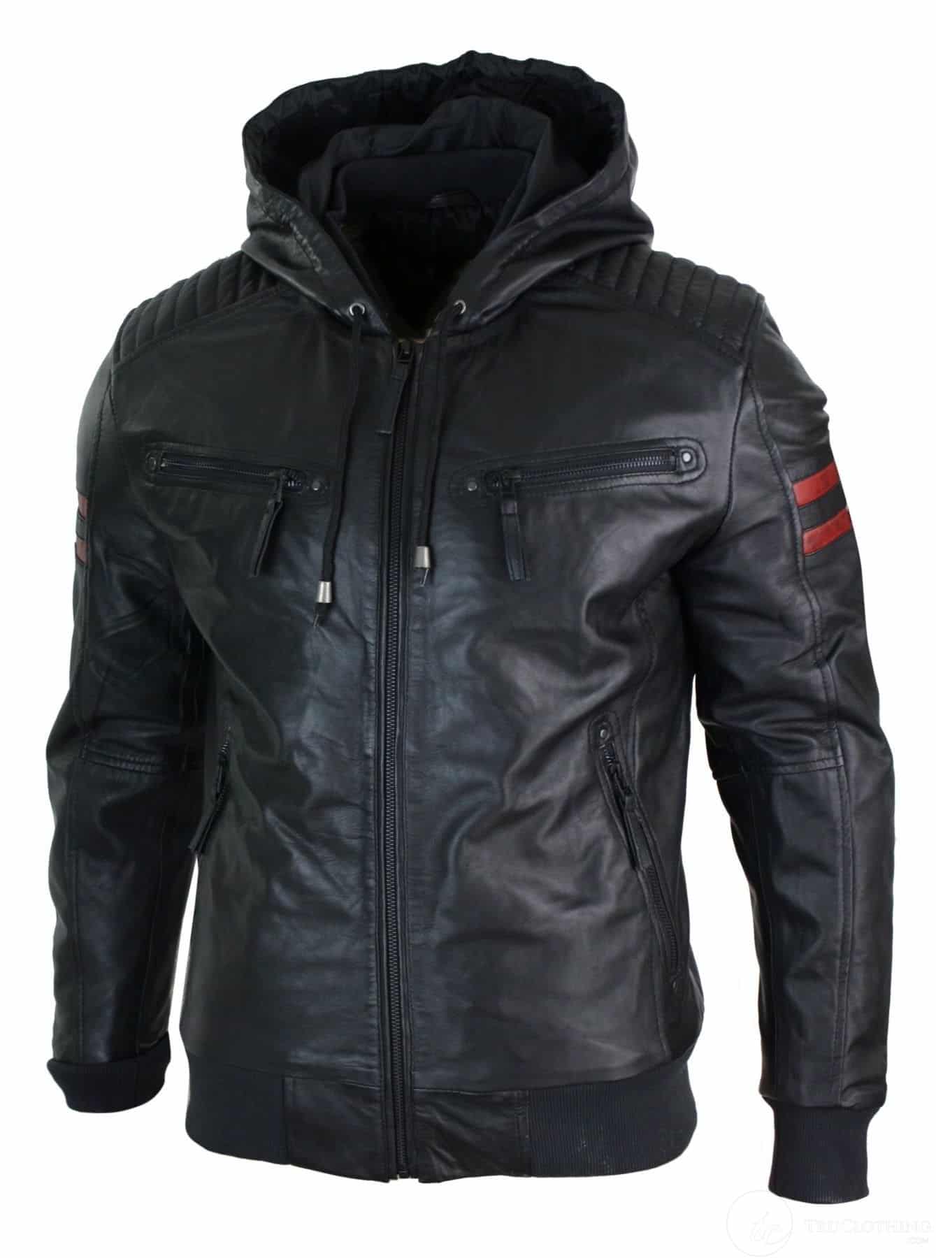 Mens Black Hood Real Leather Bomber Jacket Red Stripes Quilted Slim Fit Casual