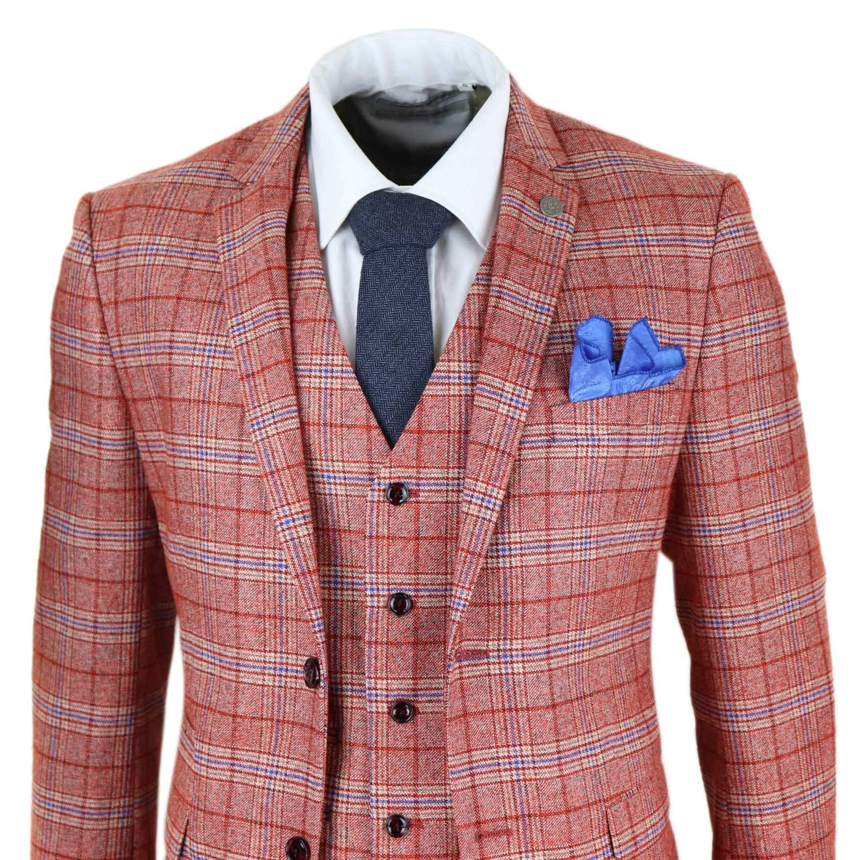 Mens Red 3 Piece Tweed Check Suit