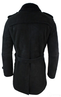 Mens Sherling Sheepskin Black Grey Double Breasted Belted 3/4 Overcoat