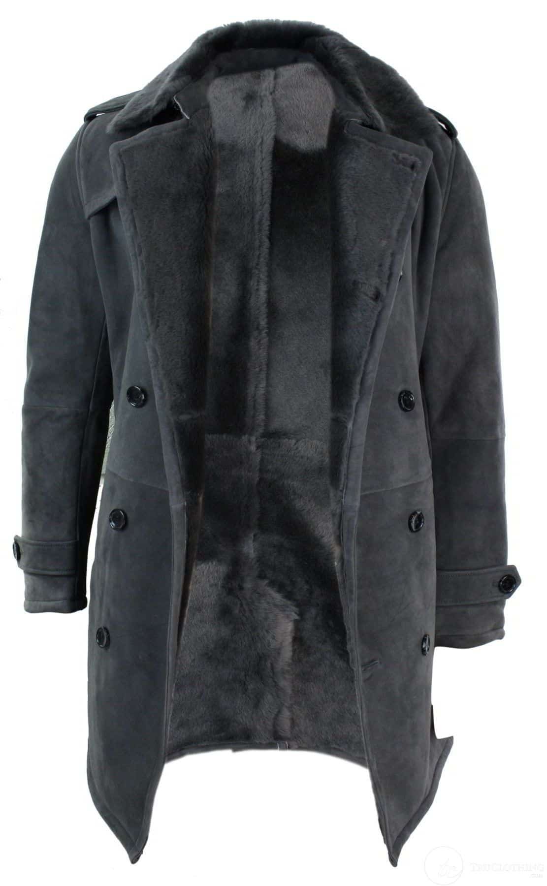 Mens Sherling Sheepskin Black Grey Double Breasted Belted 3/4 Overcoat