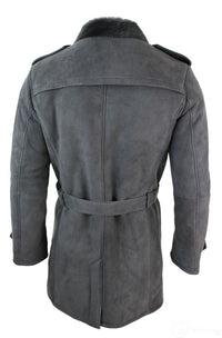 Mens Sherling Sheepskin Black Grey Double Breasted Belted 3/4 Overcoat